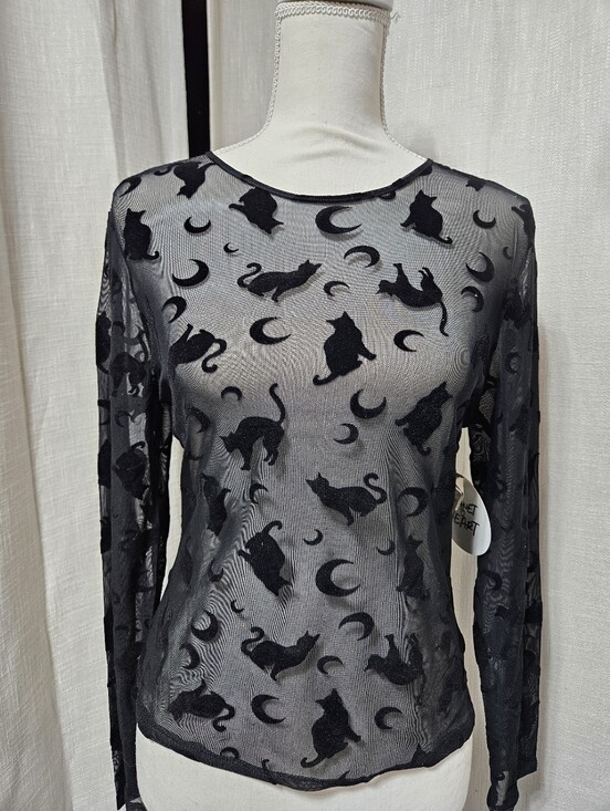 planet heart Tops - Planet Heart Black Sheer Mesh Cat Moon Celestial Long Sleeve Top